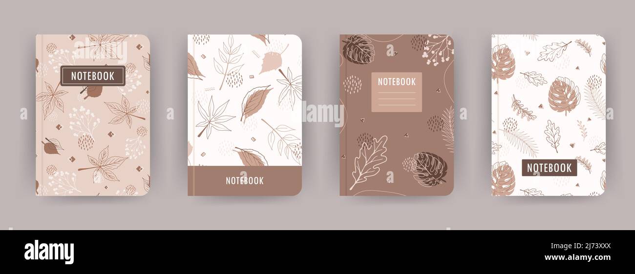 Cover page notebook collection. Templates with abstract autumn leaves. Perfect for diary, books, magazines, journals, catalogs, planners and flyers Stock Vector