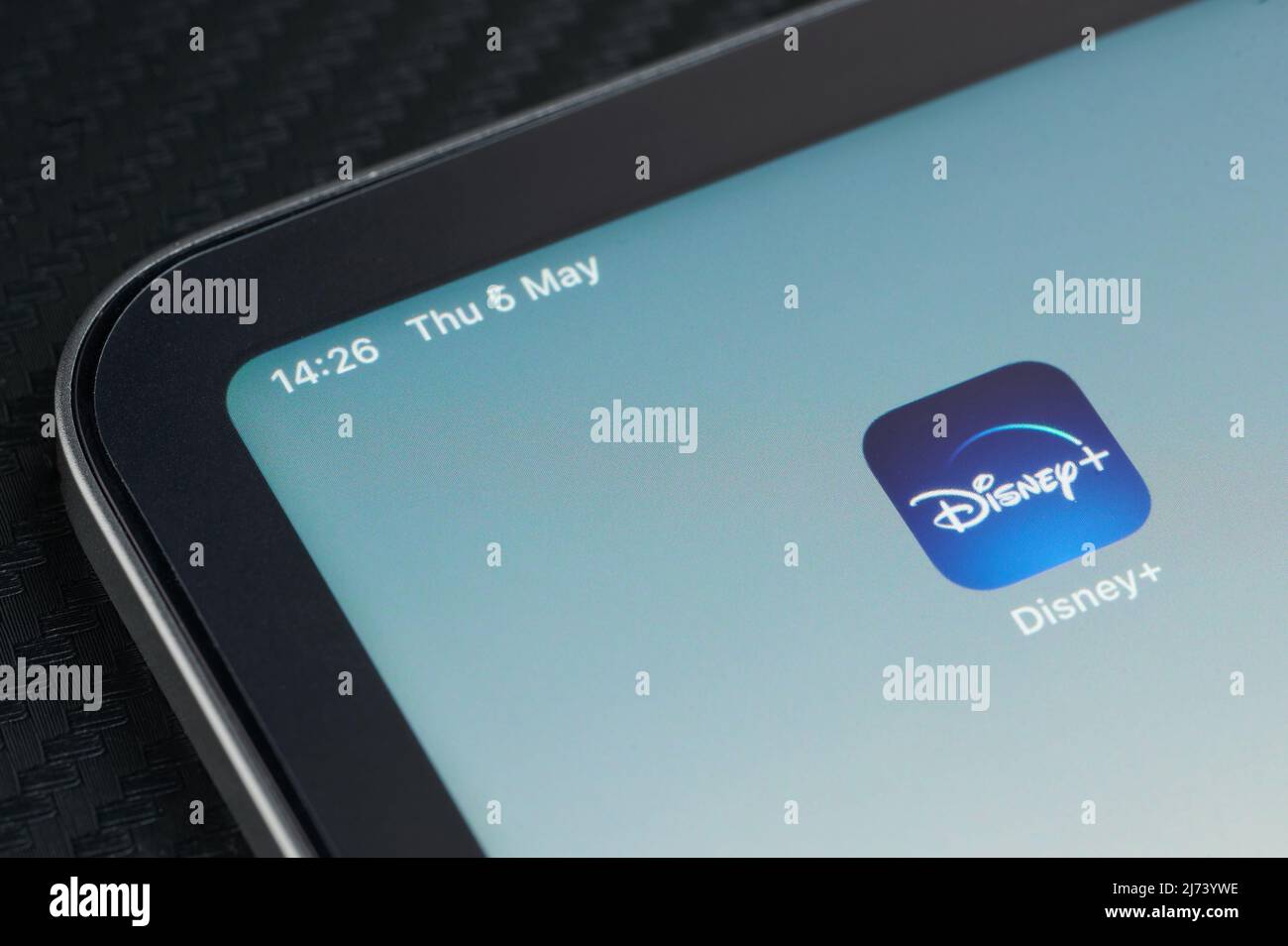 New york, USA - May 5, 2022: Disney plus video streaming app on smartphone screen close up view Stock Photo
