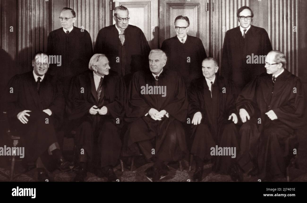 U.S. Supreme Court group portrait on April 20, 1972. This court would later decide in the Roe vs. Wade abortion case on January 22, 1973. Front row from left: Associate Justices Potter Stewart, William O. Douglas, Chief Justice Warren E. Burger, Associate Justices William J. Brennan, Jr., and Byron R. White. Back row from left: Associate Justices Lewis F. Powell, Jr., Thurgood Marshall, Harry A. Blackmun, and William H. Rehnquist. Justices Powell and Rehnquist were the newest members of the court, taking their seats on January 7, 1972. Stock Photo