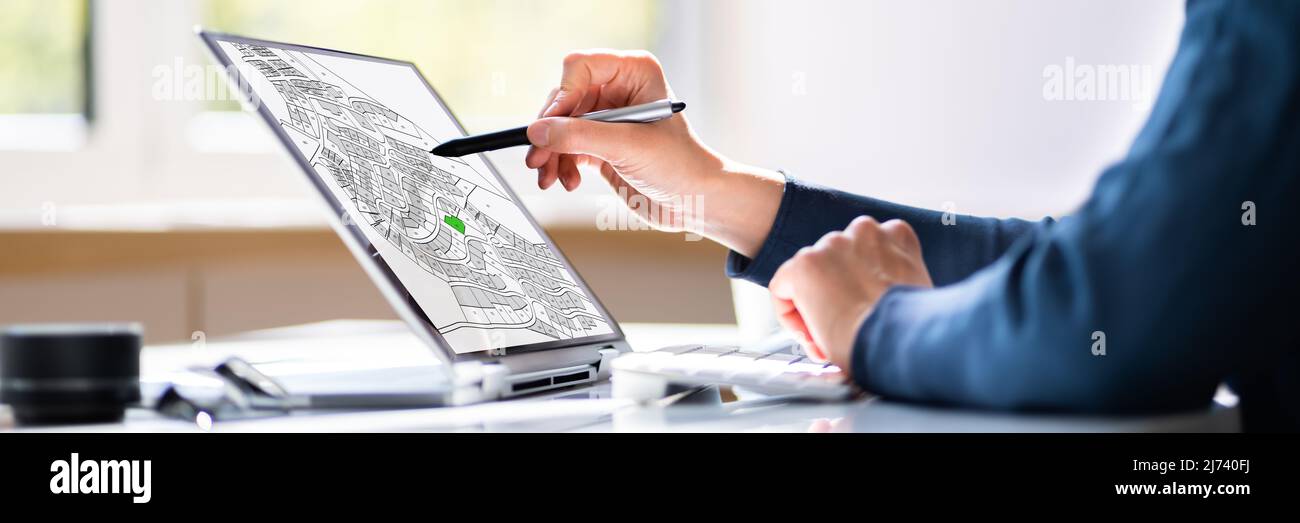 Cadastral Digital Map On Business Laptop Screen Stock Photo