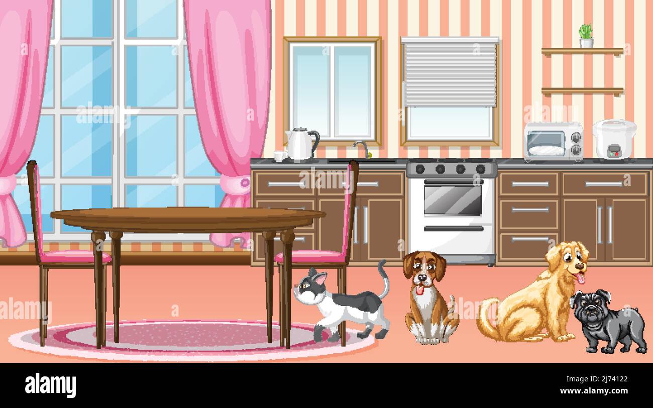 Set of different domestic animals in kitchen illustration Stock Vector ...