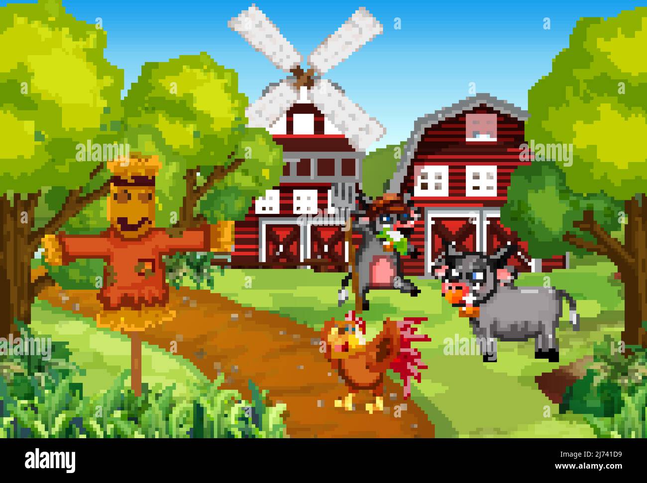 Farm scene with animals and scarecrow illustration Stock Vector Image ...