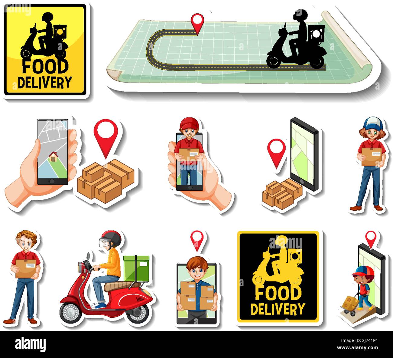 Sticker set of delivery objects and cartoon characters illustration