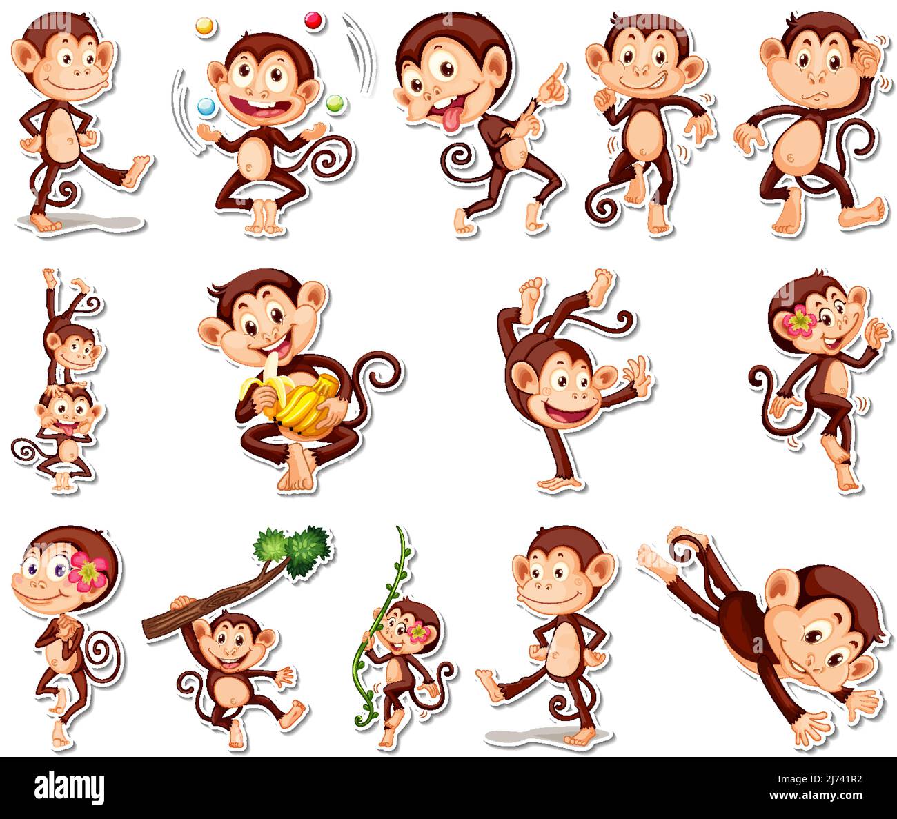 Sticker set of funny monkey cartoon characters illustration Stock ...