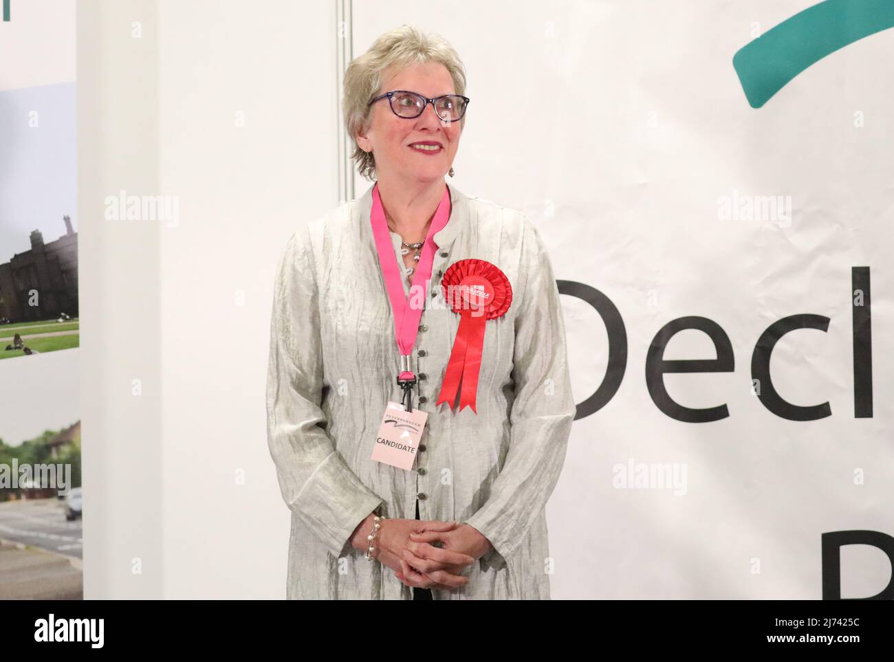 Alison Jones wins the Central seat for Labour at the results count at Peterborough Arena, during the local government elections. Picture date: Friday May 6, 2022. Stock Photo