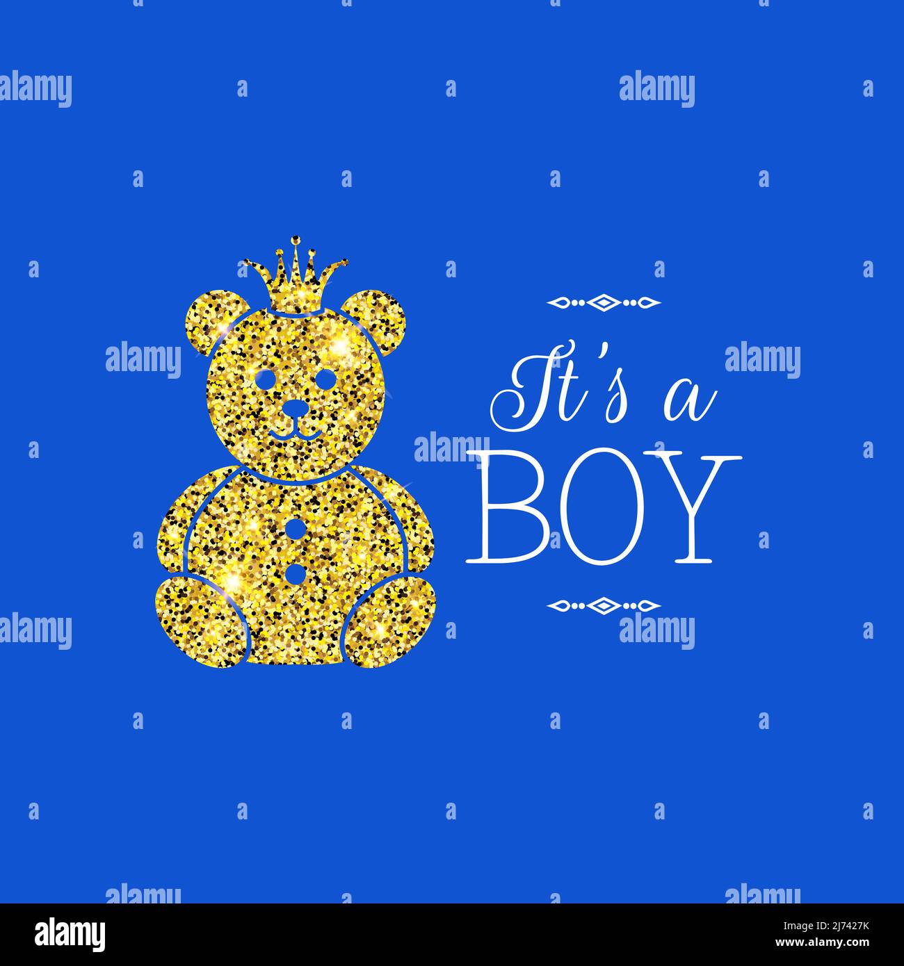 It's a Boy Illustration with Sparkle Gold Bear on Bright Blue Background Stock Vector