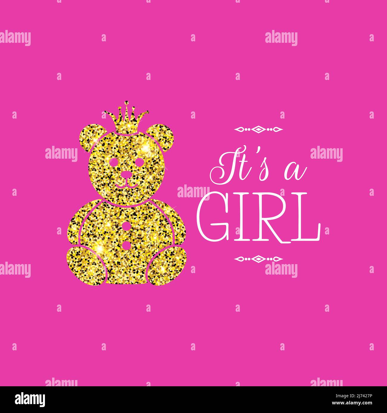 It's a Girl Illustration with Sparkle Gold Bear on Bright Pink Background Stock Vector