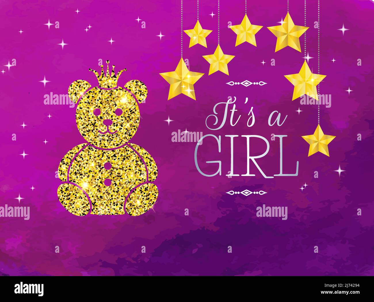 It's a Girl Illustration with Sparkle Gold Bear on Dreamy Night Purple Background with Stars Stock Vector
