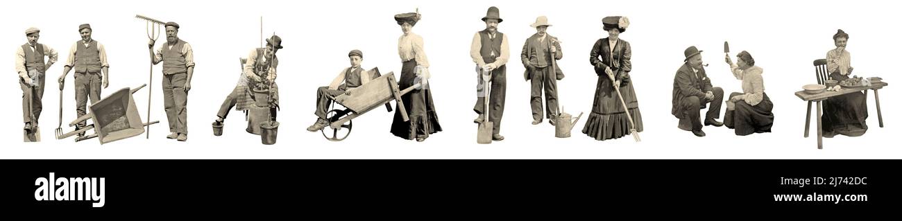 Gardening and farming related people from Victorian times, cut-out on a white background, ready to use as small icons or motifs as individuals or as a group. Various gardening implements, watering cans and wheelbarrows are seen. These are taken from small original photographs (also on Alamy - see below) – the figures will look soft if used at too large a size – a vintage 1800s/1900s sepia photograph. Stock Photo