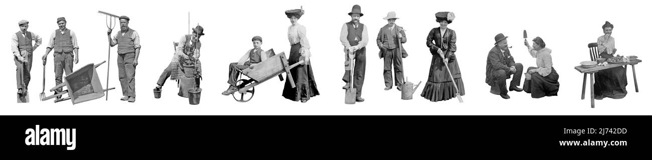 Gardening and farming related people from Victorian times, cut-out on a white background, ready to use as small icons or motifs as individuals or as a group. Various gardening implements, watering cans and wheelbarrows are seen. These are taken from small original photographs (also on Alamy - see below) – the figures will look soft if used at too large a size – a vintage 1800s/1900s photograph. Stock Photo