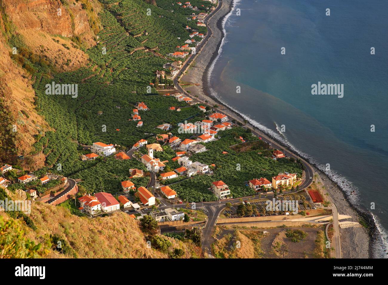 Aerial view of Madalena do Mar, located on the South coast of Madeira ...