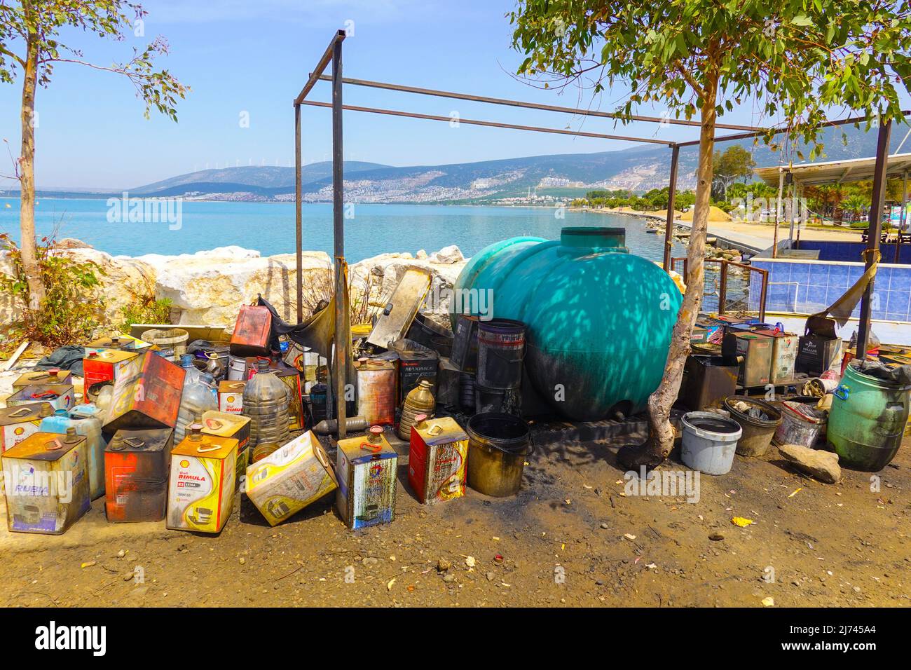 A place for dumping old cooking oil and engine oil, Akbuk, Didim, Turkey Stock Photo