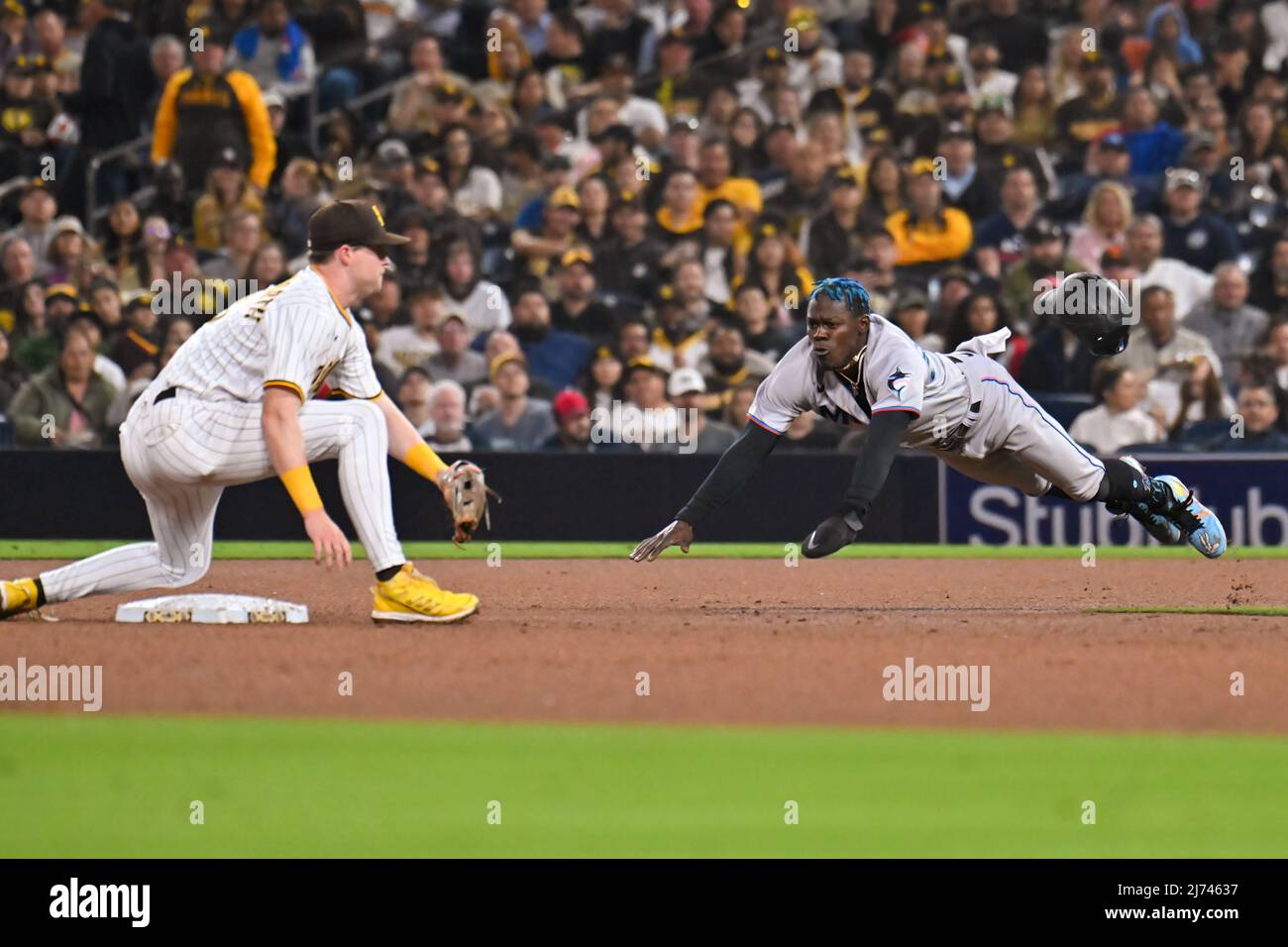 San Francisco, USA. April 10 2022 San Francisco CA, U.S.A. Miami second  baseman Jazz Chisholm Jr. (2) makes a play at second base during MLB game  between the Miami Marlins and the