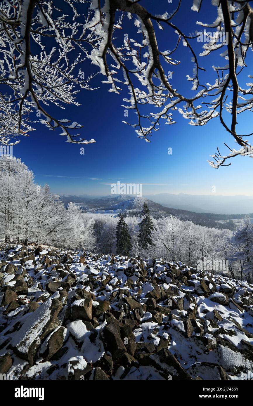 Stone of sea landscape with snow and dark blue sky and branches with ...