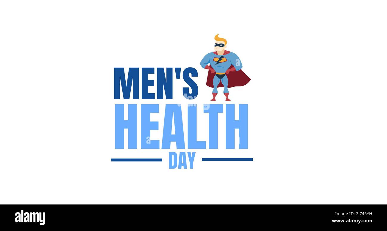 Men's health day text and illustration of super hero on white