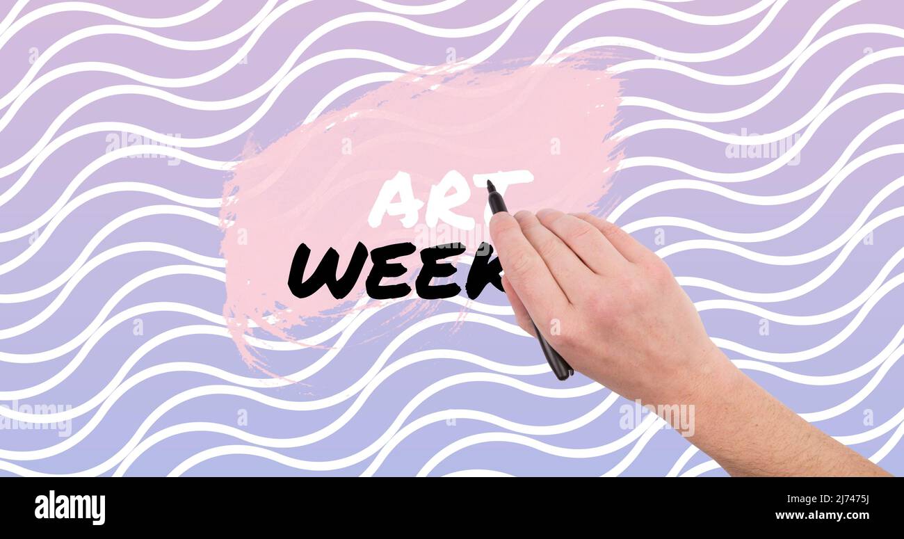 Cropped hand of caucasian man with felt tip pen over art week text on wavy patterned background Stock Photo