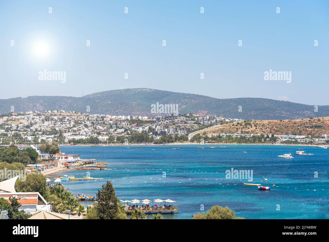 Mediterranean bay overlooking Bodrum under the bright sun. Stock Photo