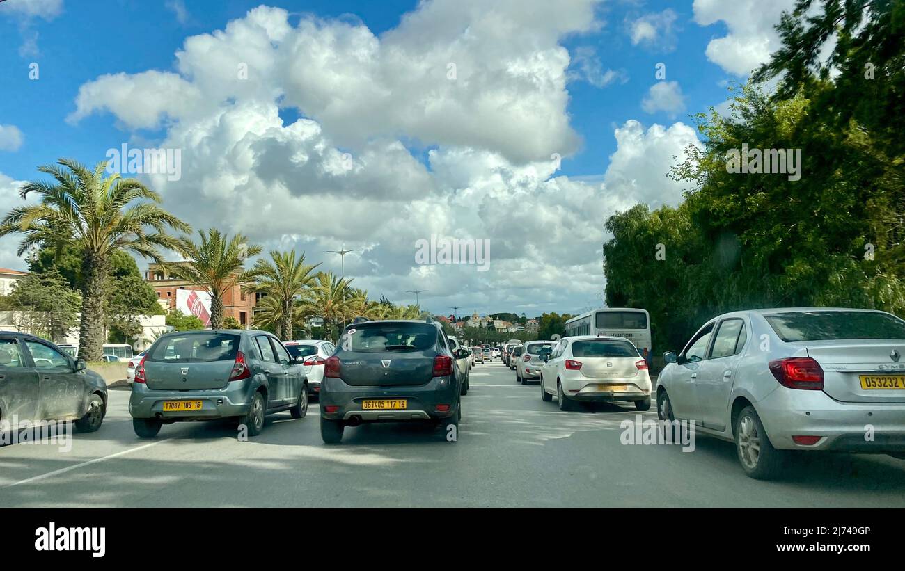 Traffic jam raising in developing modern city, Algiers. New tunnels and new highways is being building by Algerian government. Stock Photo