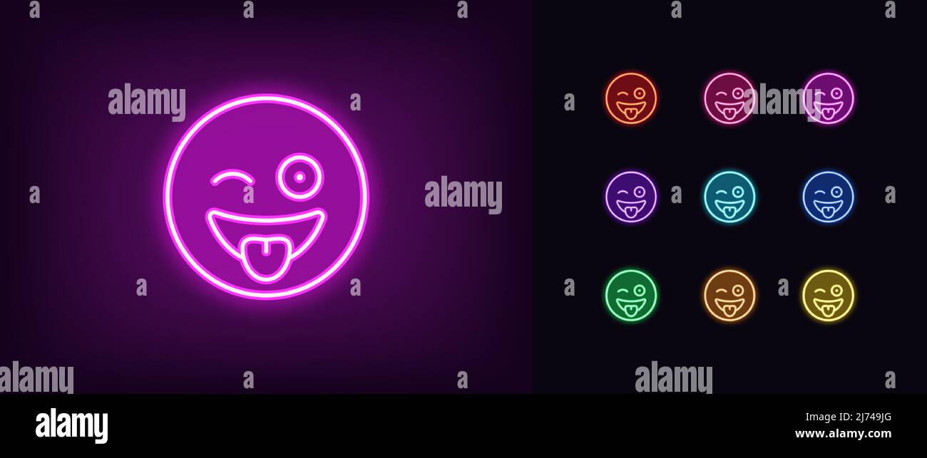 Outline neon crazy emoji icon. Glowing neon silly emoticon with tongue and wink, wacky face pictogram. Funny fool emoji, goofy face, loony emotion Stock Vector