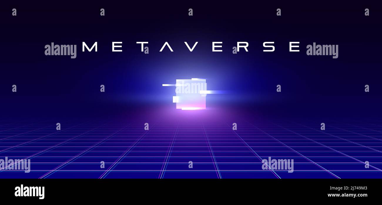 Metaverse abstract background with colorful glowing square on the horizon, perspective laser glitchy grid with bright gradient square, virtual cyber Stock Vector