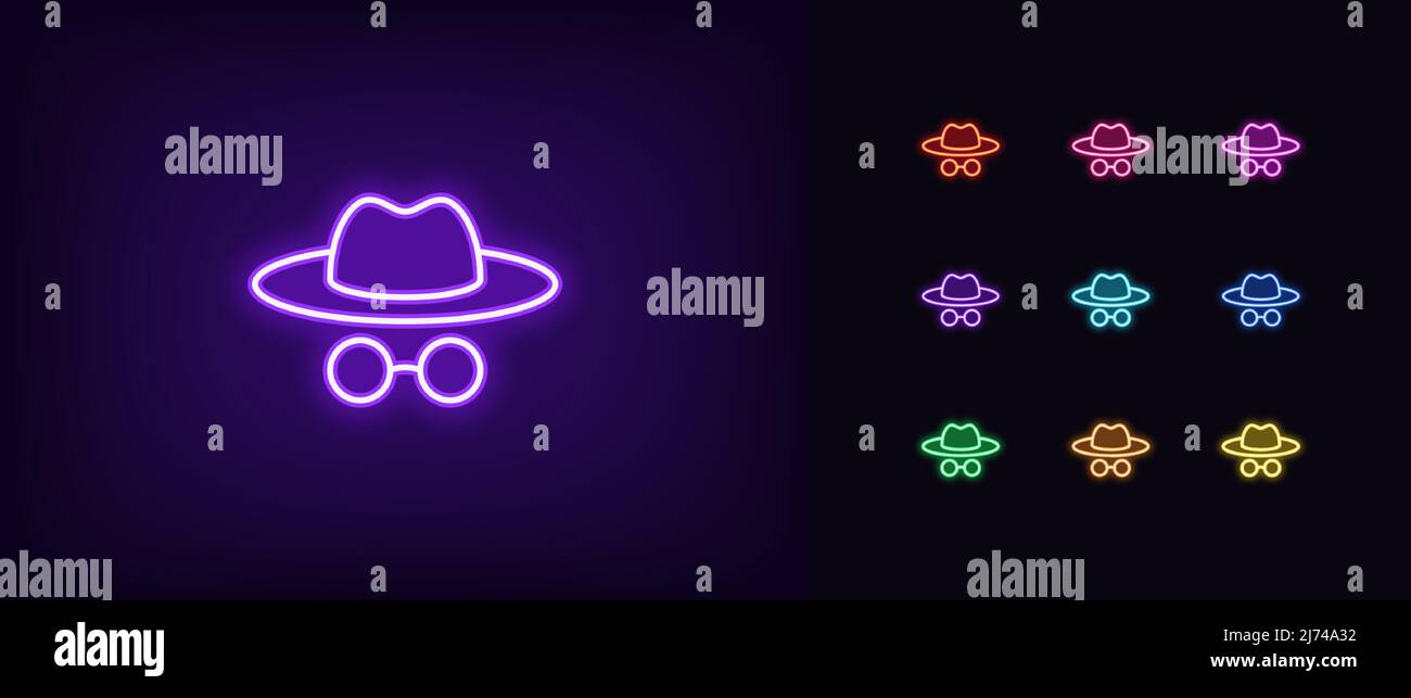 Outline neon incognito man icon. Glowing neon foreign agent and spy with hat and glasses, detective pictogram. Anonym face, invisible mode, hidden per Stock Vector
