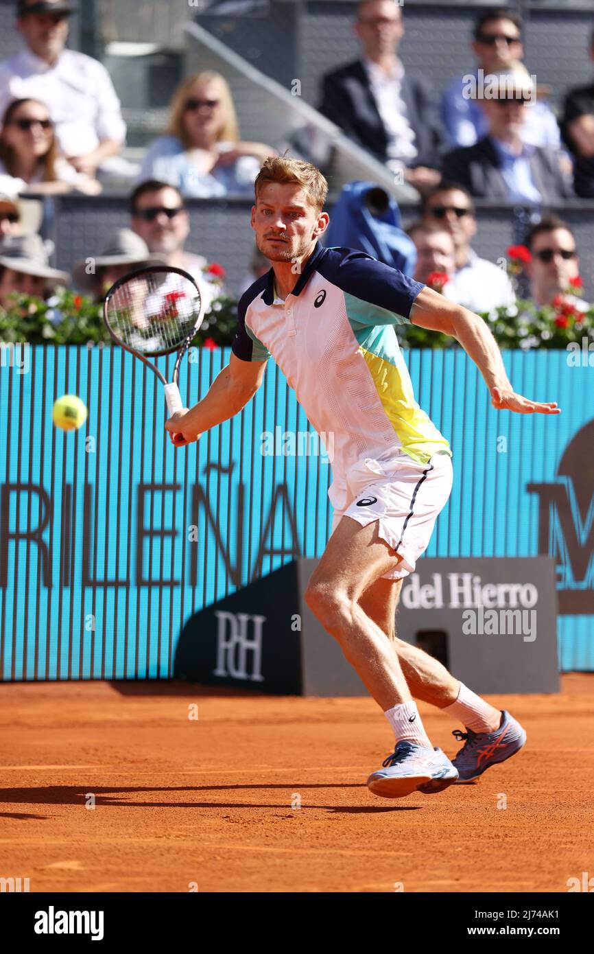 David Goffin of Belgium in action against Rafael Nadal of Spain during the  Mutua Madrid Open 2022 tennis tournament on May 5, 2022 at Caja Magica  stadium in Madrid, Spain - Photo: