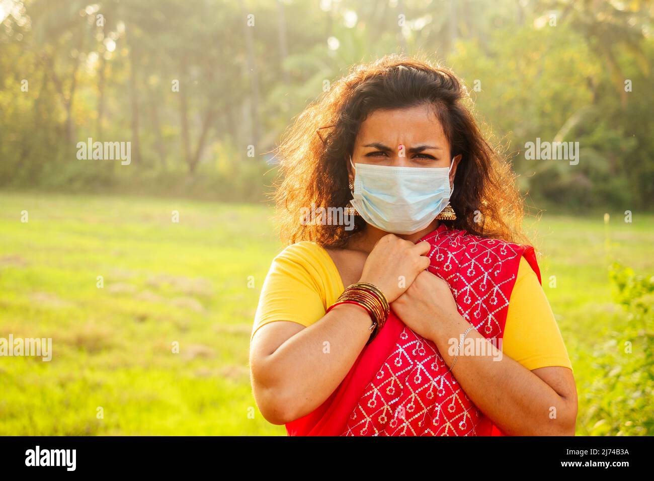 portrait of a young indian woman wearing mask. the concept of tourism