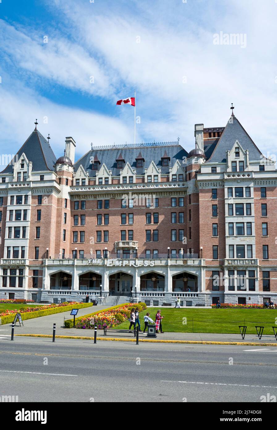 Empress Hotel in Victoria, BC, Canada in the Spring with tulips. Stock Photo