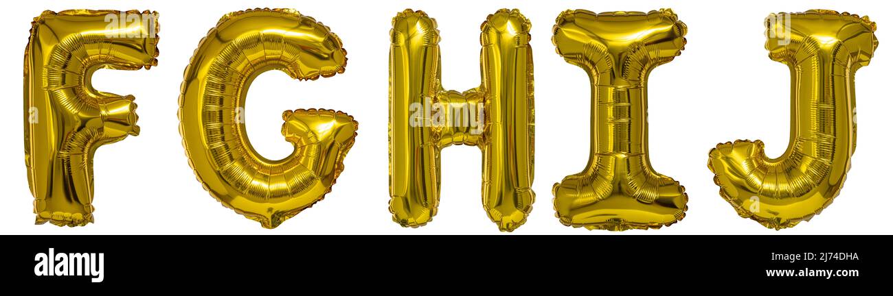 real balloons in the shape of letters f g h i j gold metallic on a white background Stock Photo