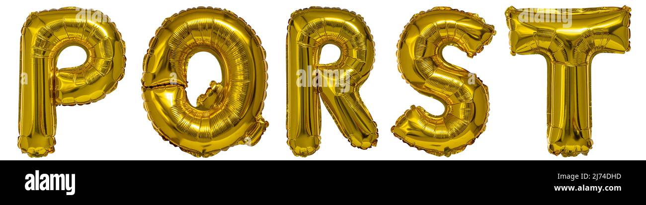 real balloons in the shape of letters p q r s t metallic gold on a white background Stock Photo