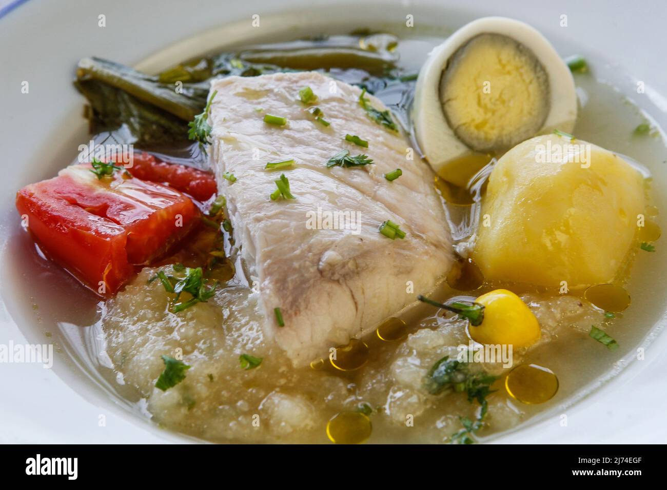 Brazilian dish of Caldeirada de Filhote, a type of Amazonian catfish cooked with vegetables and eggs. Stock Photo