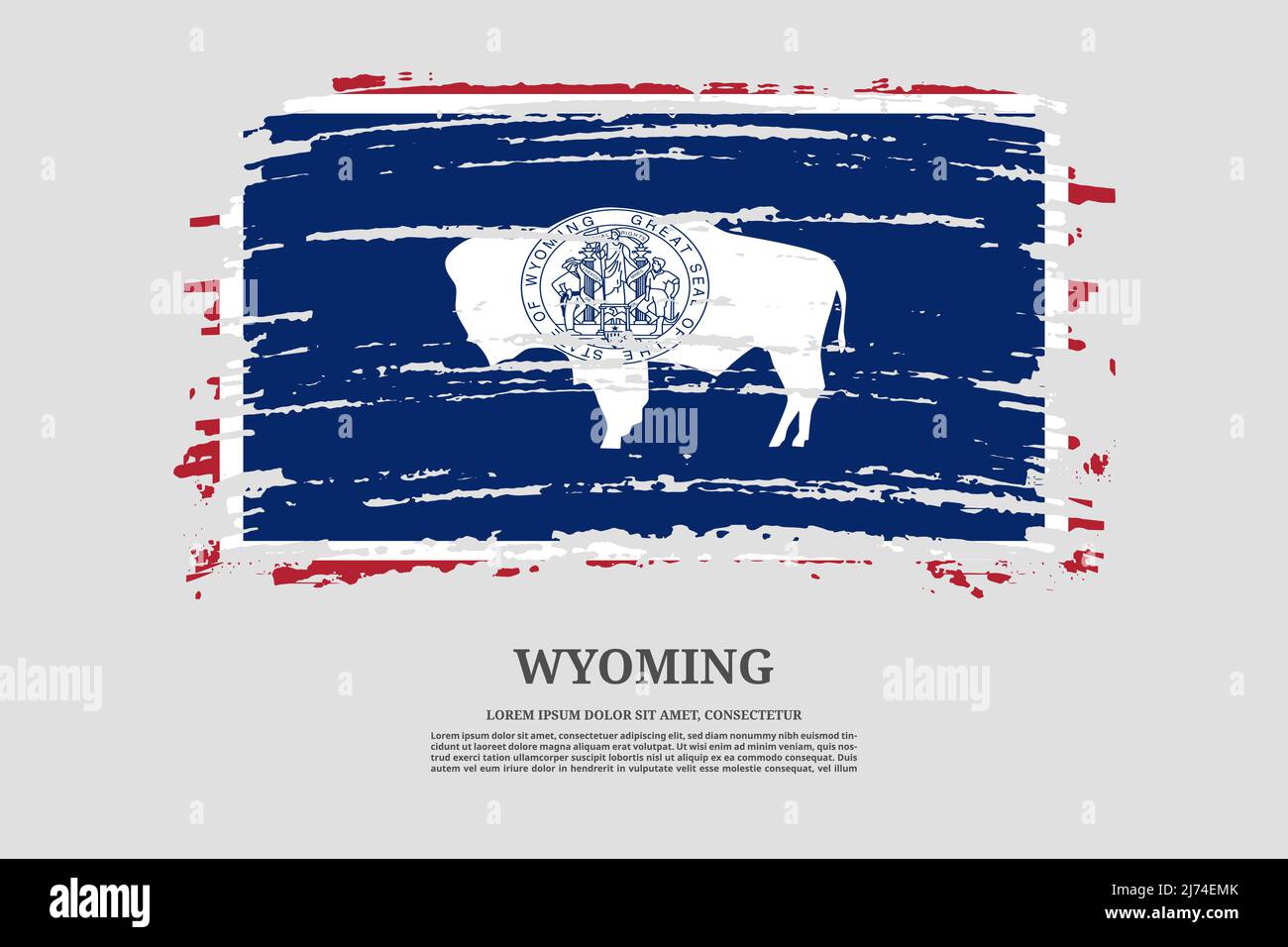 Wyoming US flag with brush stroke effect and information text poster, vector background Stock Vector