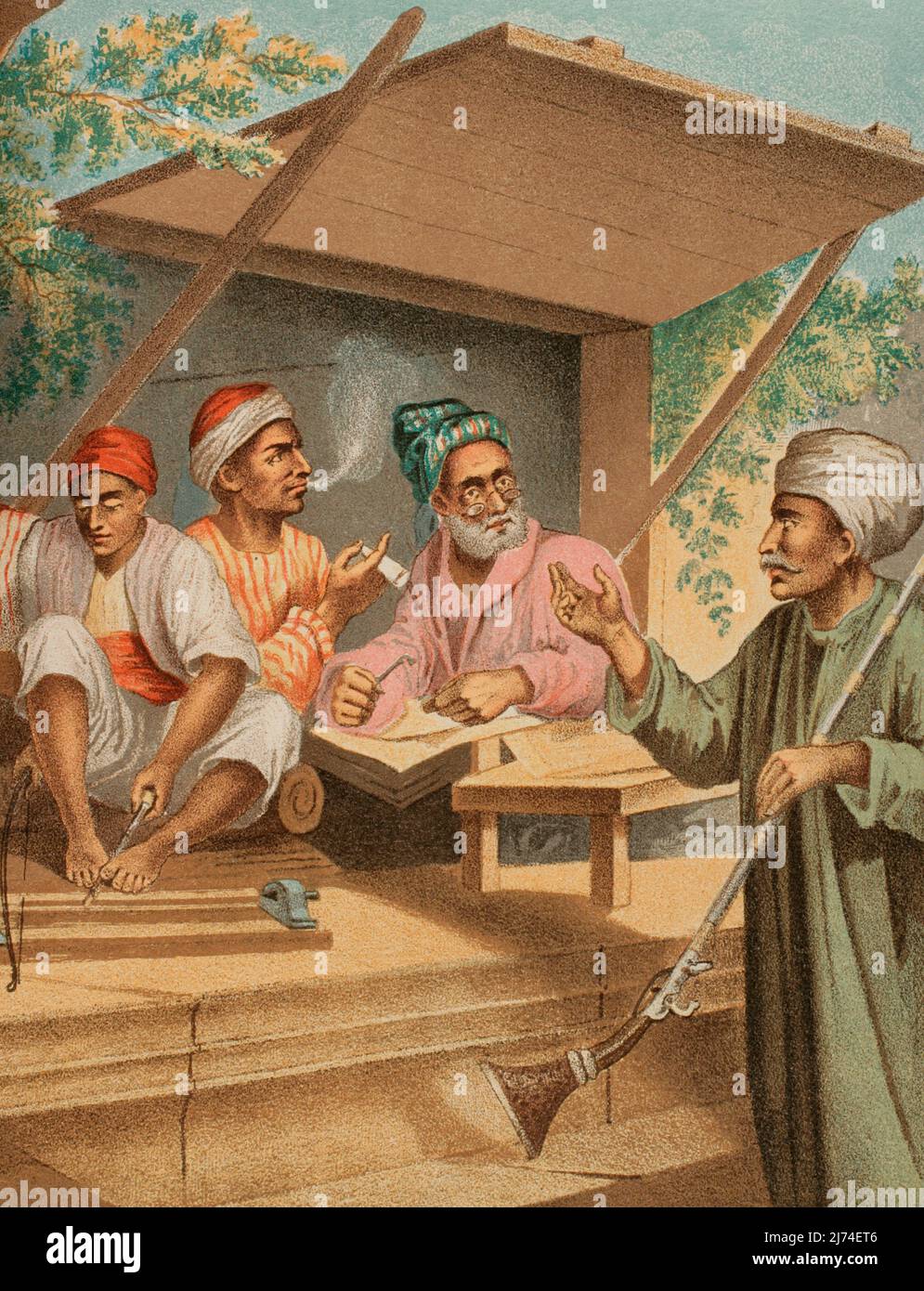 Turkish craftsmen in Constantinople. From left to right: wood turner, babouche embroiderer and gunsmith. Chromolithography. Illustration by José Acevedo. Lithograph by José Maria Mateu. Detail. "Viaje a Oriente", 1878. Author: José Acevedo. Spanish artist of the mid-19th century. Stock Photo