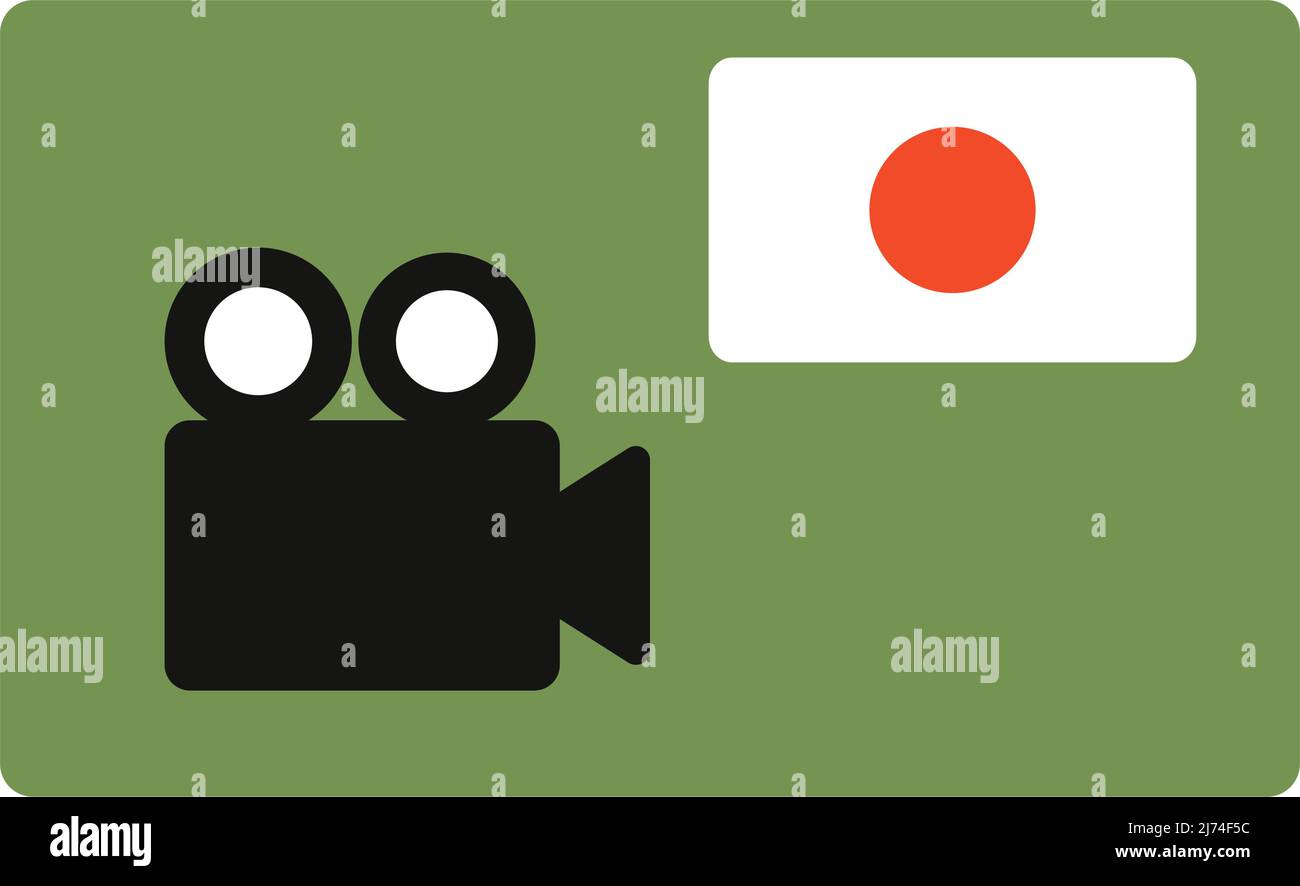 Japan's film industry. Japanese flag and cinema camera. Editable vector. Stock Vector