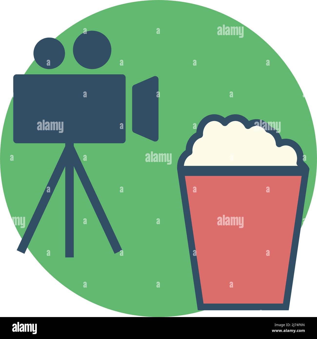 Cinema camera with tripod and popcorn icon. Editable vector. Stock Vector
