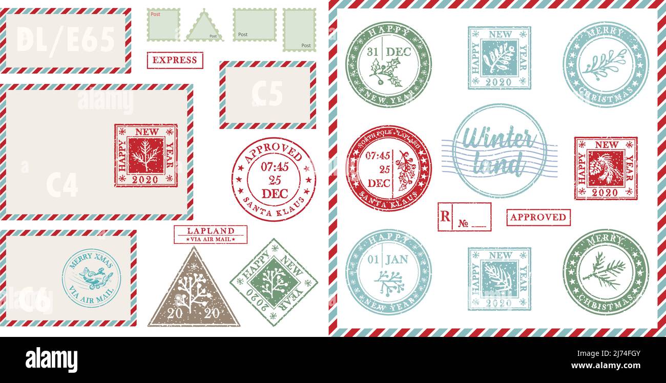 Set of vintage template air mail postcard and envelope. Texture grunge christmas stamp rubber with holiday symbols in traditional colors. Place for Stock Vector