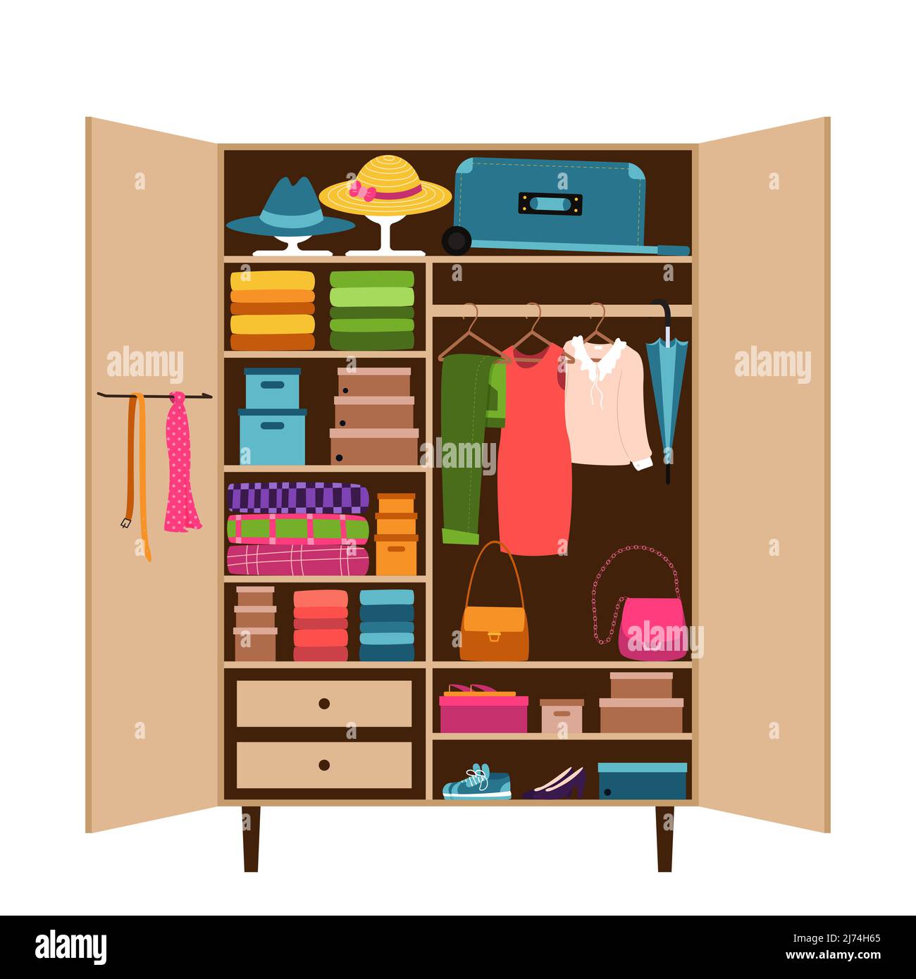 An open wardrobe with clothes neatly laid out on the shelves. Order in the wardrobe. Things in the closet on hangers. Reasonable consumption, clutteri Stock Vector