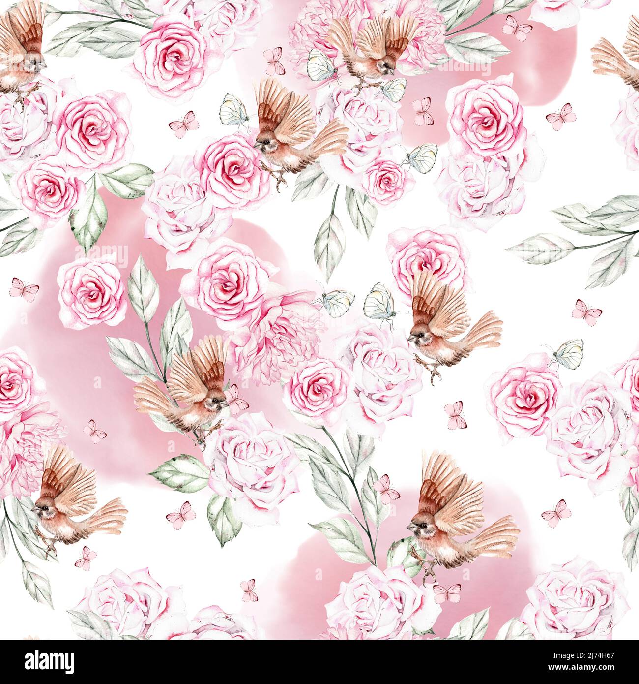 Beautiful watercolor pattern with birds and flowers and bird cage ...