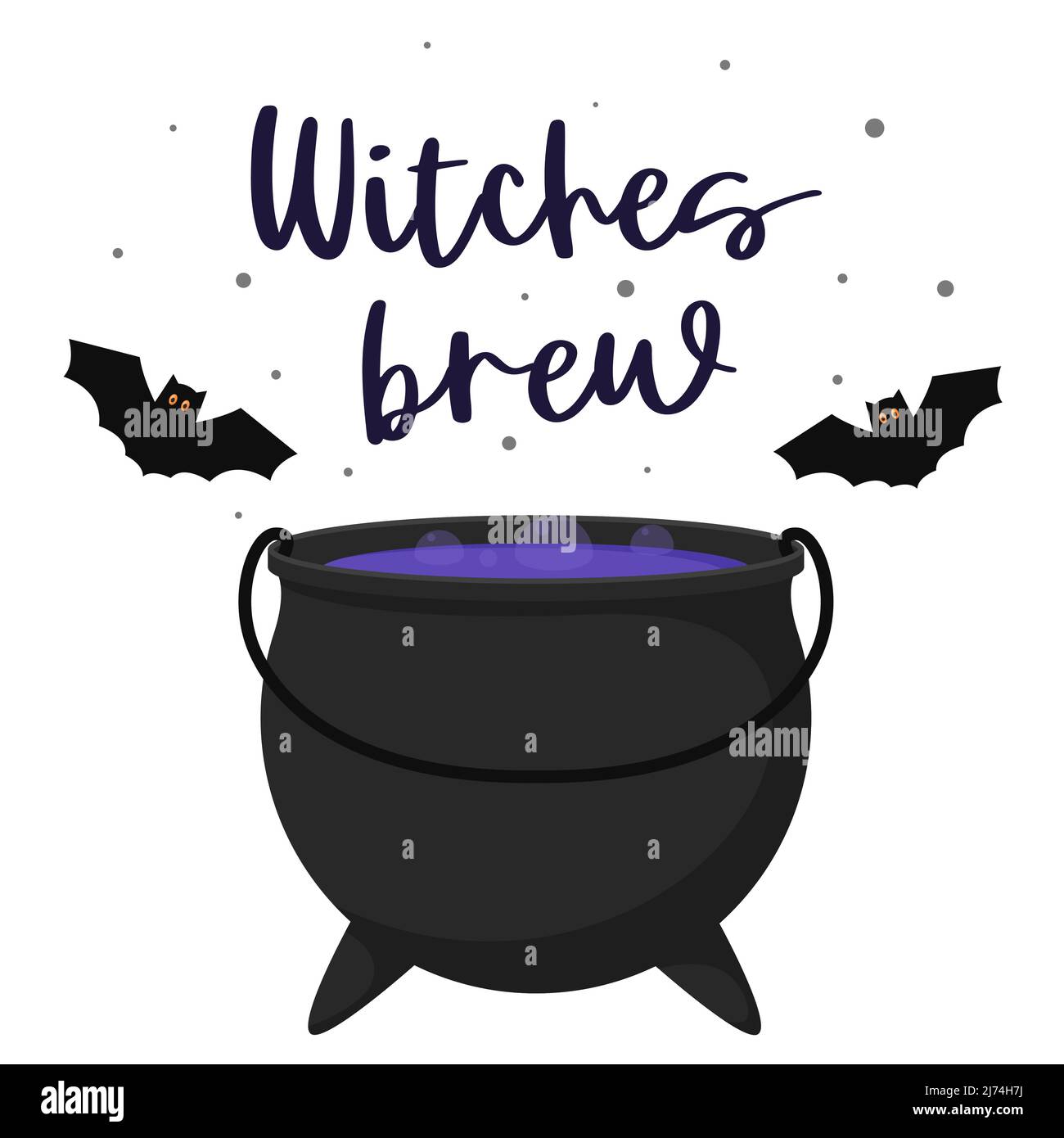 A cauldron of boiling witch's potion. A pot of purple liquid poison and bubbles. Postcard with hand lettering-Witches brew. Halloween theme. Color fla Stock Vector
