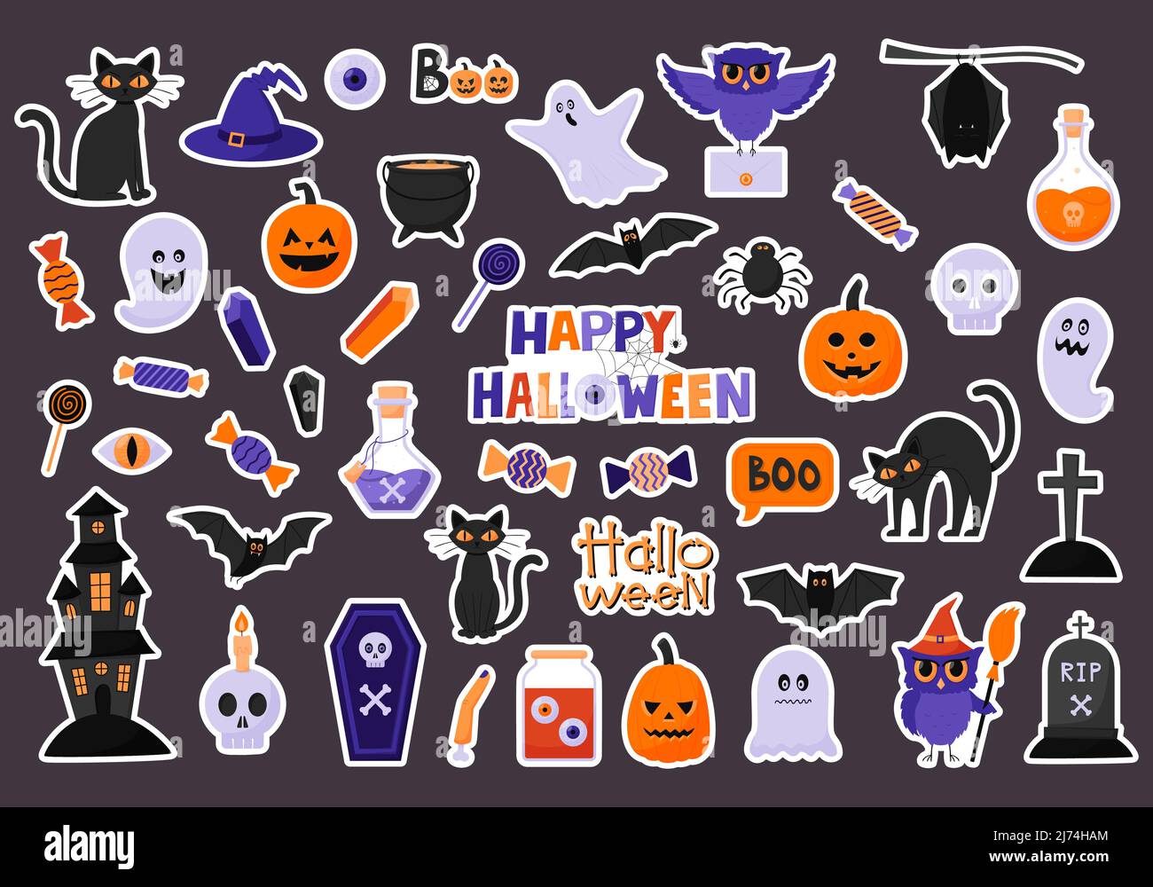 A set of stickers for celebrating Halloween. Sticker pack with a white border. Halloween characters and attributes in flat style. Ghost, owl cat, bat, Stock Vector