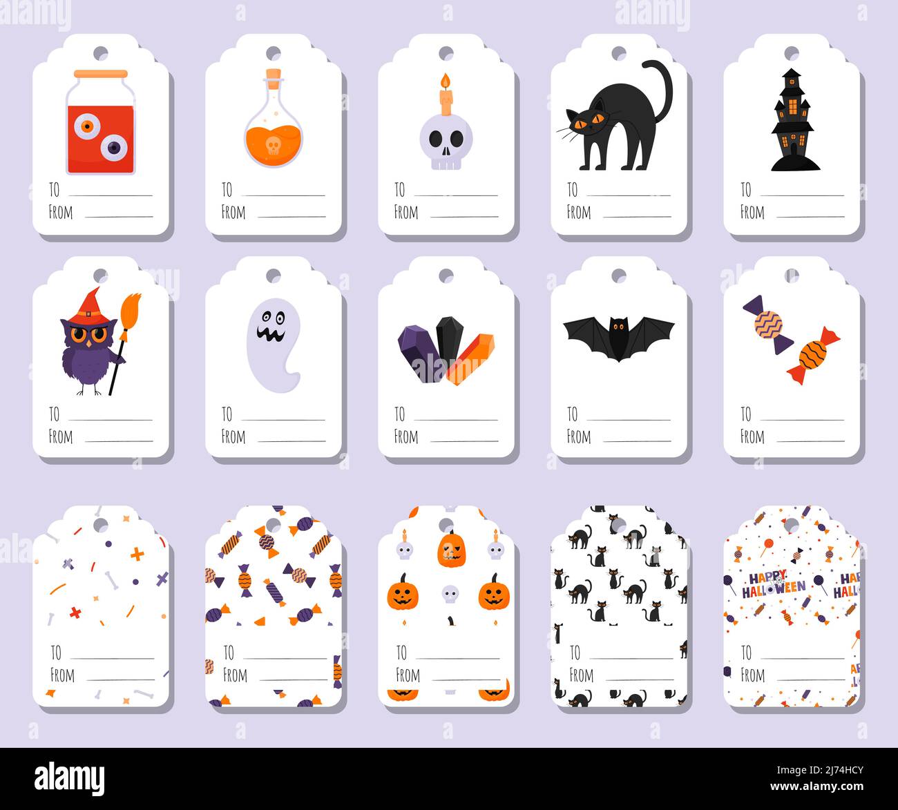 A set of colorful gift tags with Halloween symbols and words - to whom, from whom. Crystals, candy, a haunted house, a ghost, an owl, a jar with eyes. Stock Vector