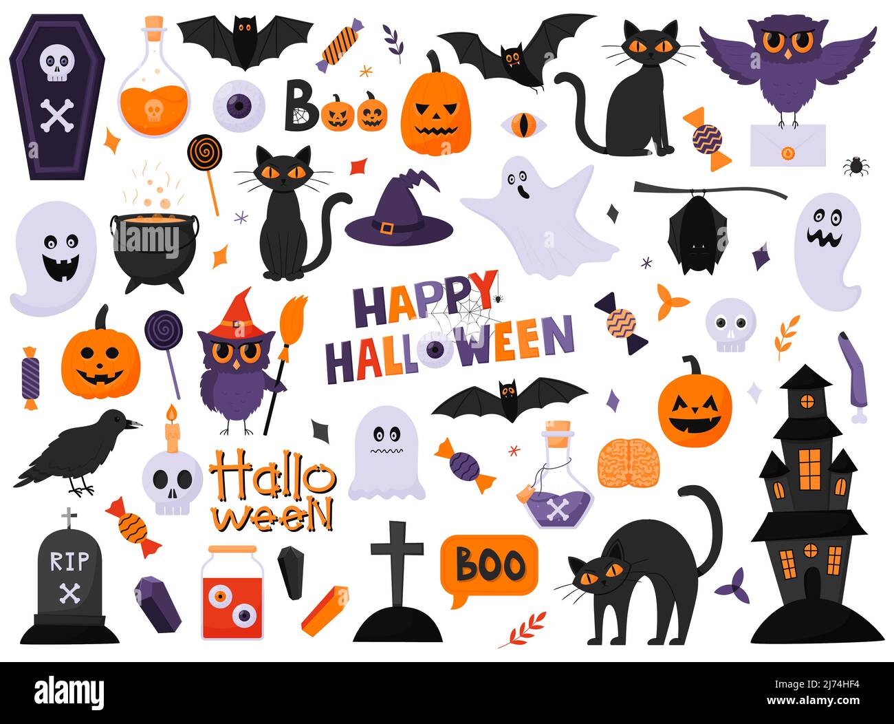 A set of design elements for Halloween. Pumpkins, owls, cats, ghosts, hat, poison, bats. Purple, orange colors. Flat cartoon vector illustrations isol Stock Vector