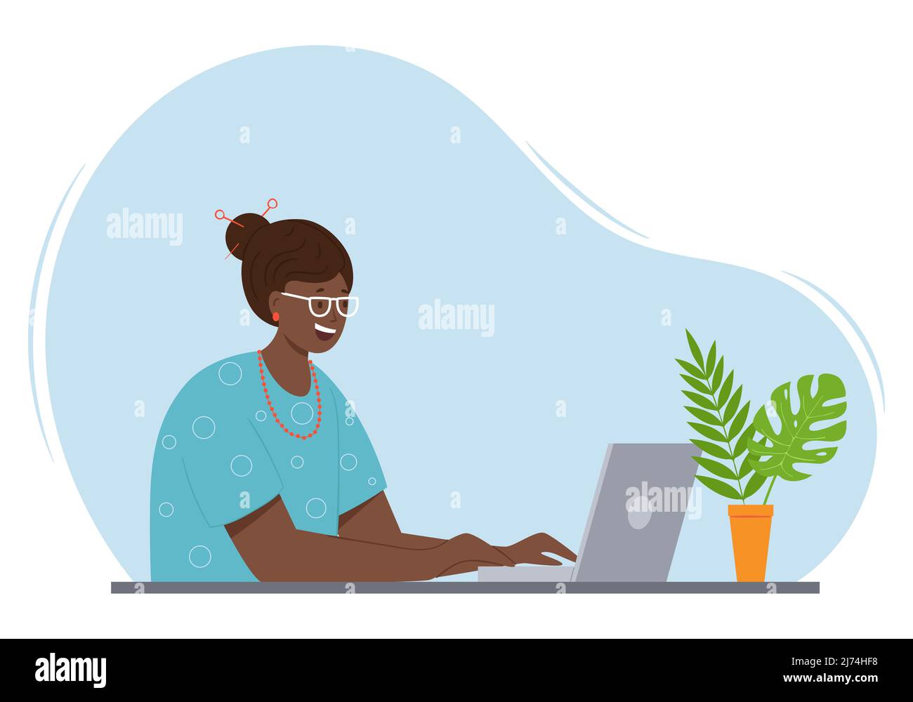 A happy elderly woman with gray hair is sitting at a table with a laptop. An adult modern gradma in glasses and beads communicates at the computer. Co Stock Vector