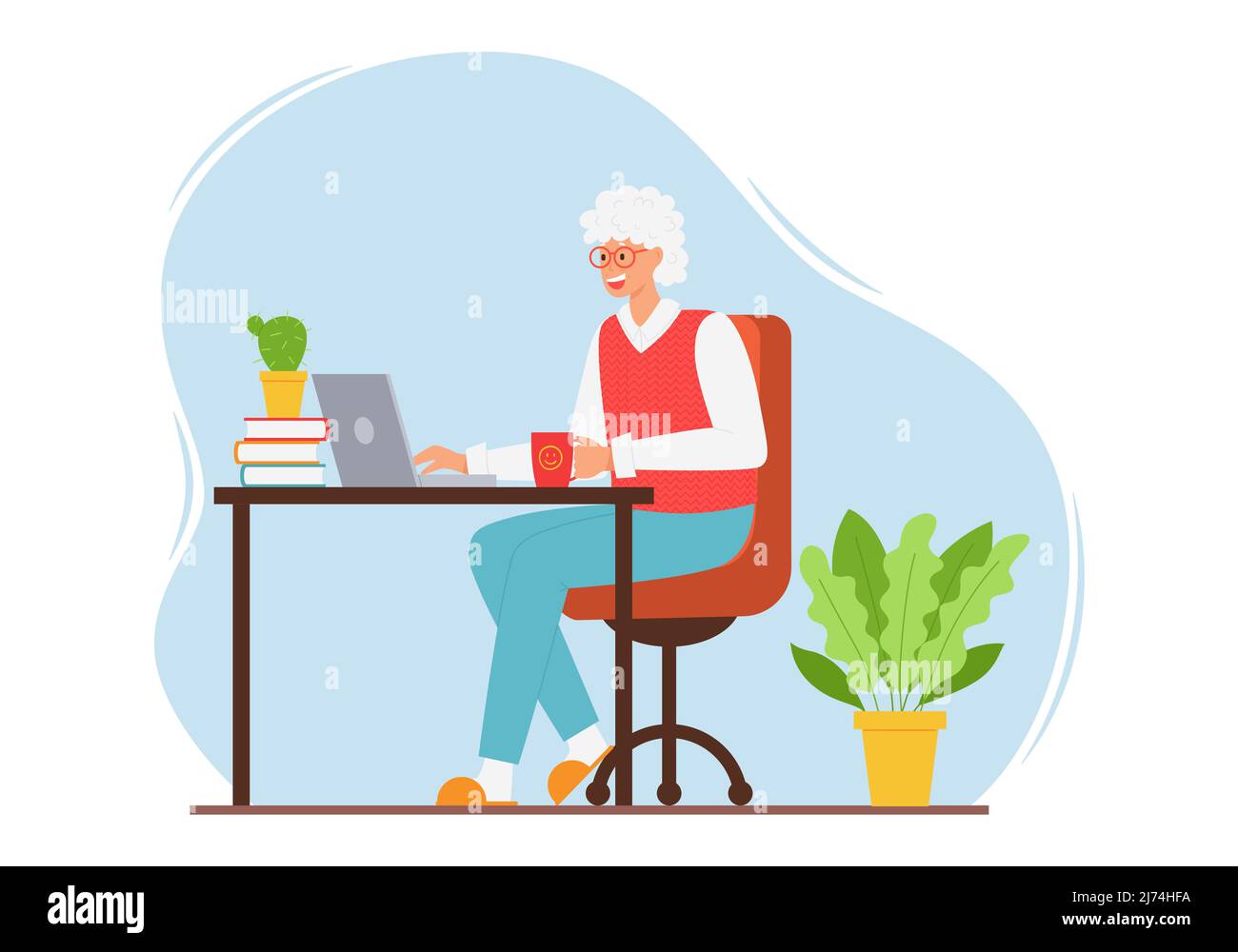 A happy elderly woman in a vest and trousers is sitting at a table with a laptop. An adult modern grandmother with gray hair uses the Internet. Color Stock Vector