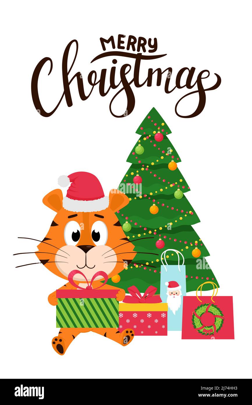 Christmas greeting card with a cute cartoon tiger in a Santa hat holding a gift box on the background of Christmas tree. Hand lettering Merry Christma Stock Vector