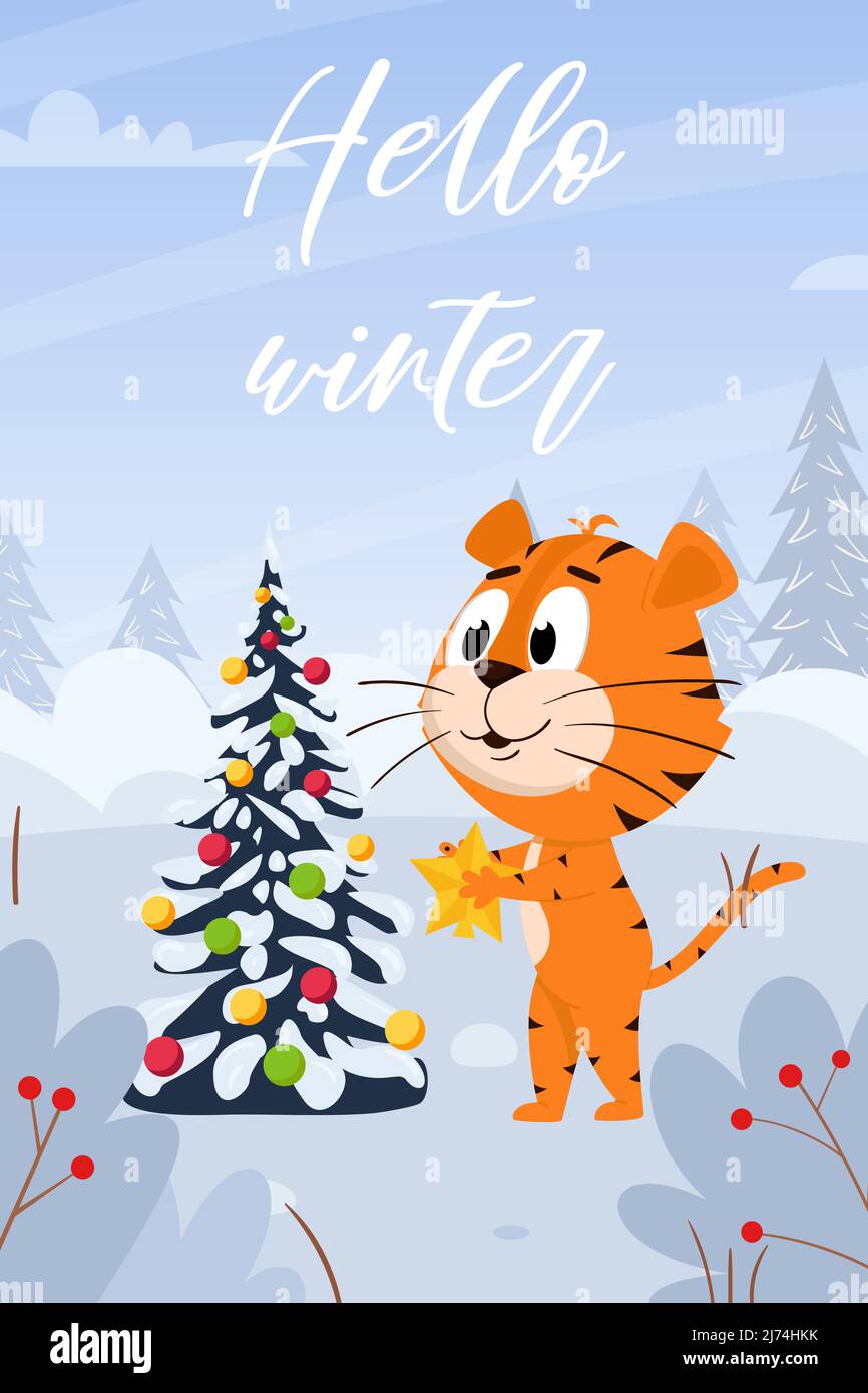 Cute cartoon tiger is decorating a Christmas tree. Vertical rectangular card with an adorable character. Hello winter. Color vector illustration on th Stock Vector