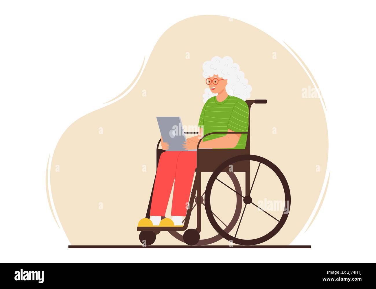 A happy elderly woman is sitting with a laptop in a wheelchair . A smiling adult grandmother with gray hair and glasses uses a computer. Color vector Stock Vector