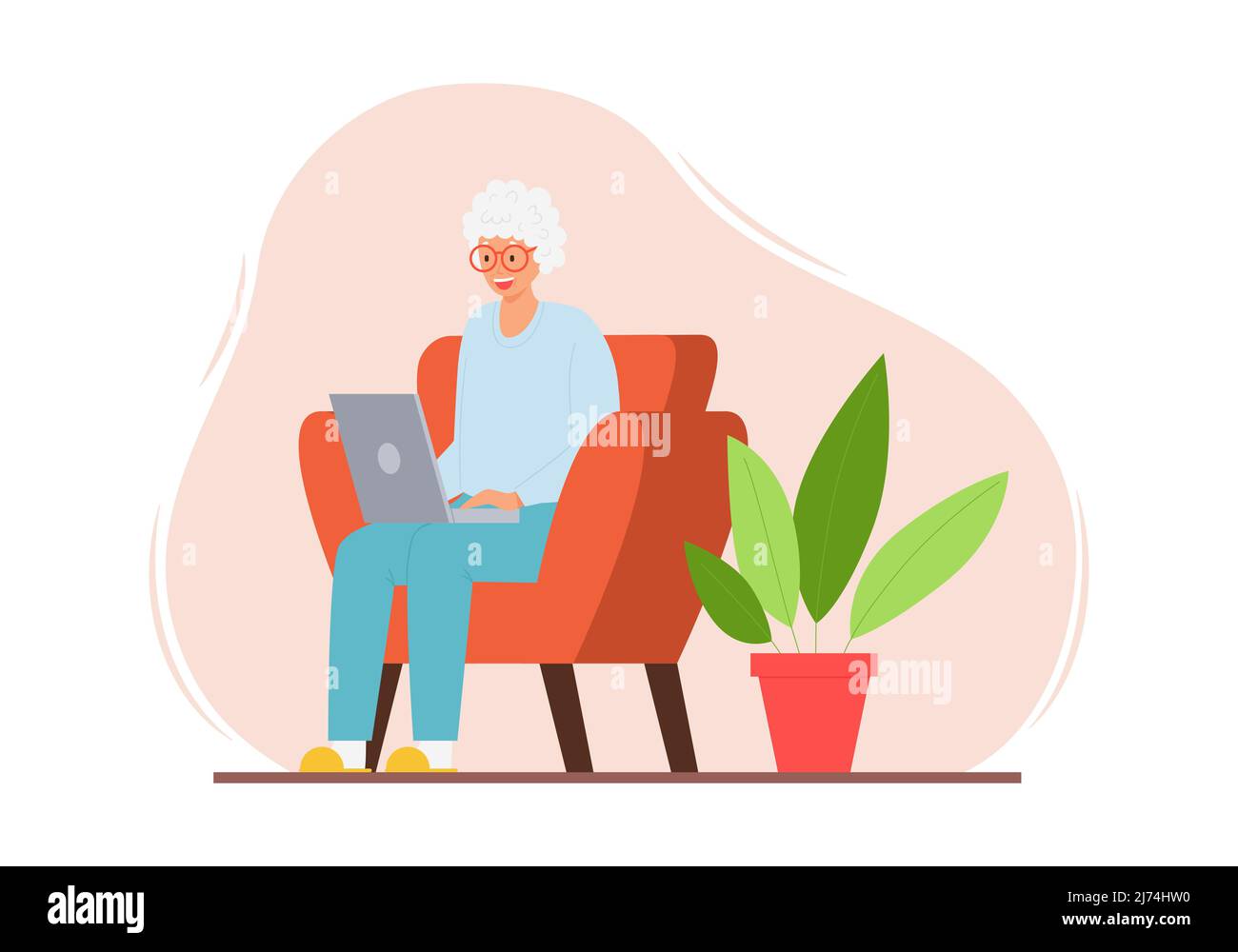 A happy elderly woman is sitting in a chair in a home interior with a laptop. A smiling adult modern grandmother with gray hair uses a computer. Color Stock Vector