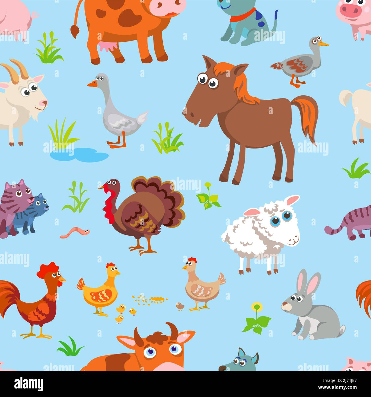 funny village animals, pattern, various poses and situations, drawing, vector, images, cartoon, children’s pattern for decoration and design, packagin Stock Vector