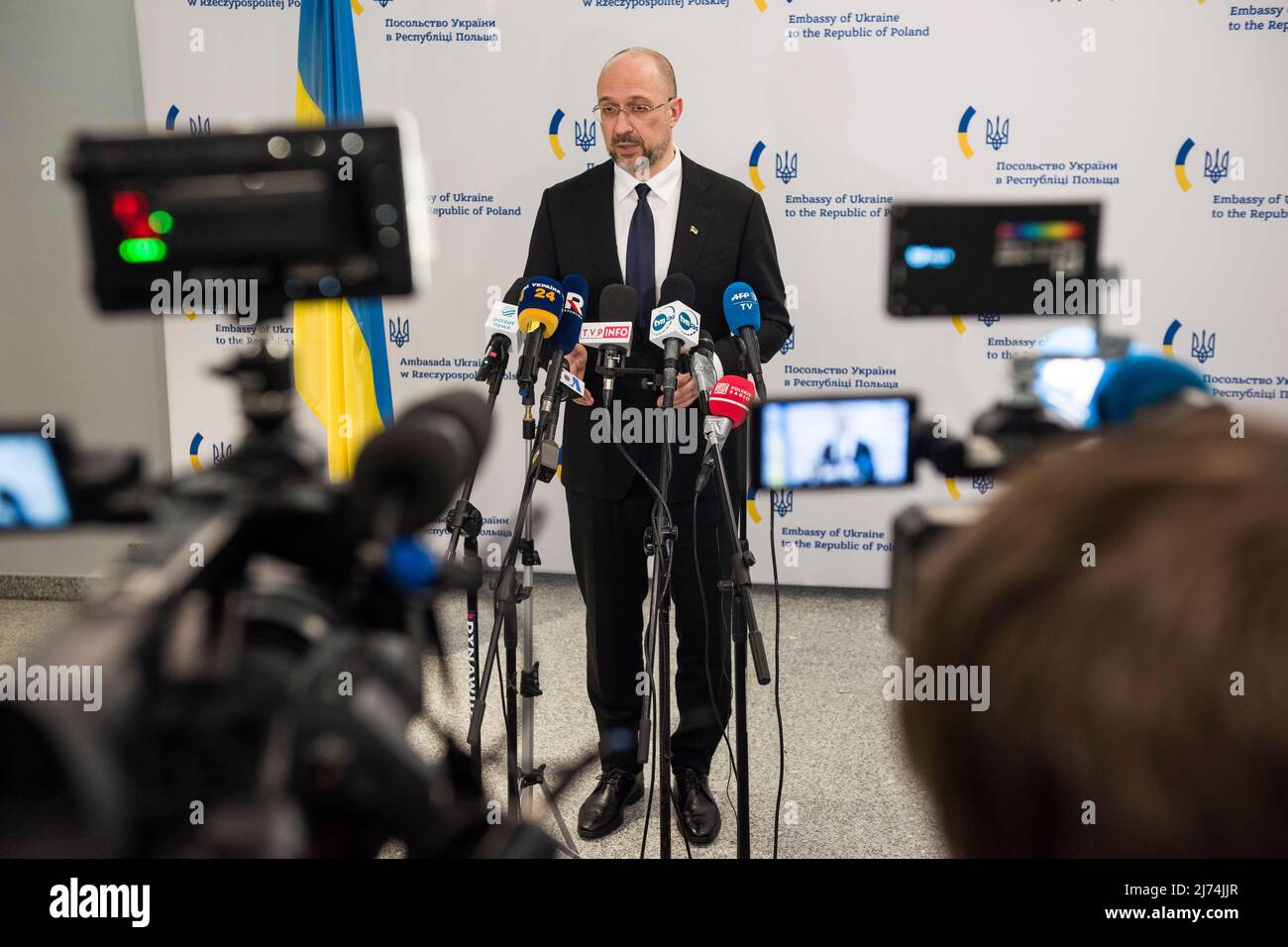 Prime Minister of Ukraine Denys Shmyhal delivers his speech during a ...